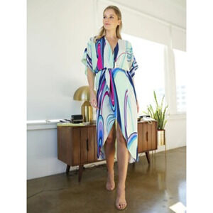 Lezat Joey Maxi Dress Size XL New Indigo Wave Kimono Sleeve Faux Wrap USA Made